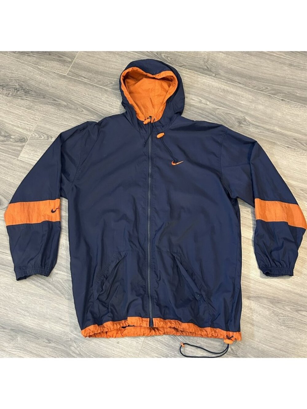 Nike Jacket Mens L Blue Orange Hooded Vintage 90s Windbreaker Big Swoosh Logo